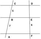 Three parallel lines cut by transversals with parts labeled