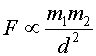 F is inversely proportional to m1 times m2 over d squared.